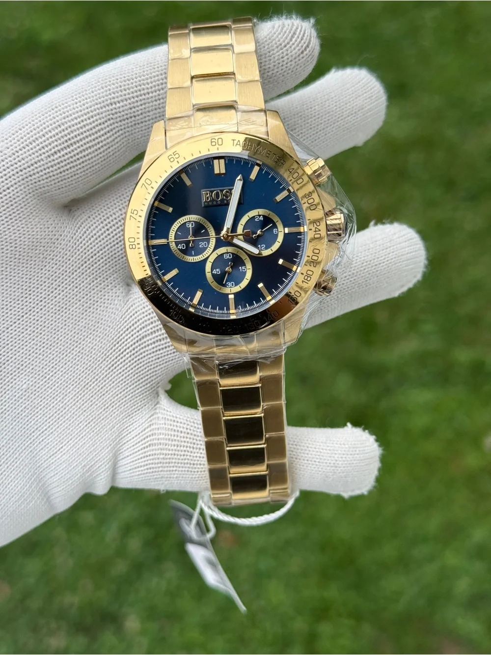 Hugo boss Gold-Tone Chronograph Watch with Blue Dial and Gold Bracelet Mens